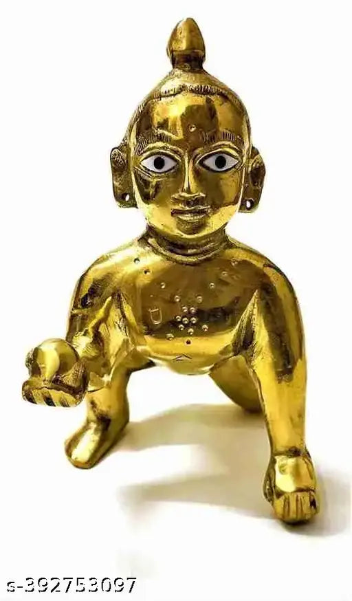 Brass Krishna idol set, 2 Ladoo Gopal figurines for home temple decor, Indian-made Janmashtami special