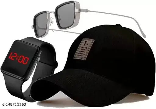 Stylish men's black cotton baseball cap combo (3pcs), classic cap pattern, onesize from India