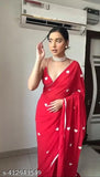 Red heart Georgette saree, beautiful thread gamthi work and border piping, India-made festival special print design