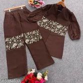 Attractive embroidered brown cotton cord set (top & bottom) for women, features bishop fancy elbow sleeves, perfect for traditional, casual, or party wear, 100% quality satisfaction guaranteed