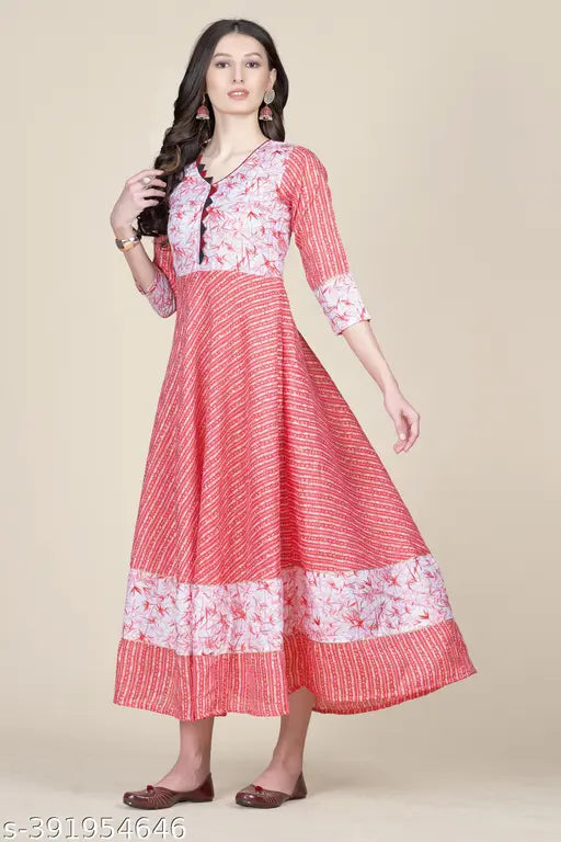 Magic Cotton long layered designer kurti, three-quarter sleeves, printed combo. Indian women's fashion wear on mannequin