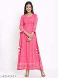 Pink rayon Anarkali dress, printed combo with three-quarter sleeves, Kipek women's ethnic wear in soft pink color