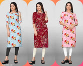 Poly crepe, three-quarter sleeve, printed straight kurti in multi-colors. Lightweight and comfortable women's fashion wear from DND EXPORT, perfect for events or family functions." (120 characters)