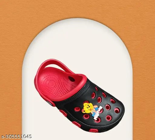 Red embellished net EVA clogs sandals for kids comfort, ideal for casual wear (3-3.5yrs, 5.5-6yrs, 6-6.5yrs), made in India