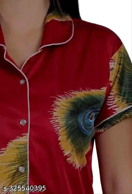 Satin print pyjama set, soft and stylish women's night suit shirt for lounging, Indian origin