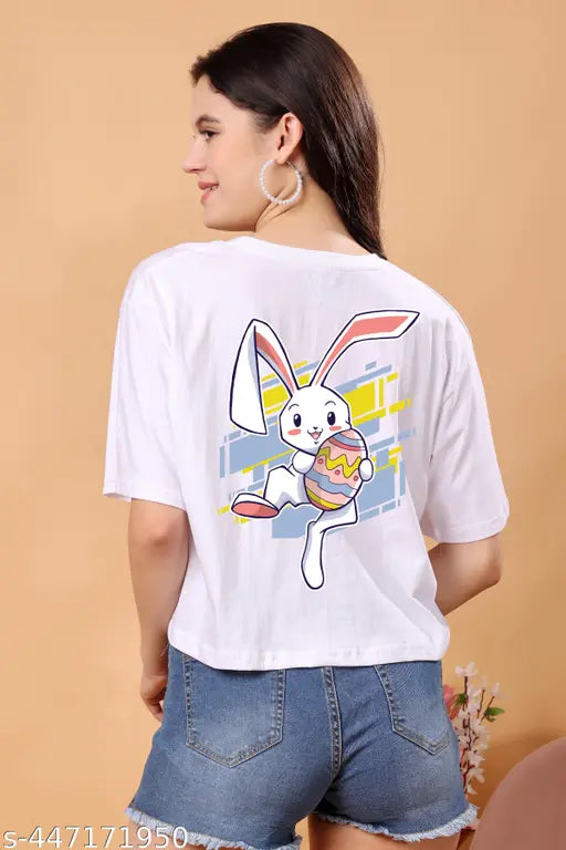 Oversized rabbit print cotton crop top for women/girls, half-sleeve style in multiple sizes