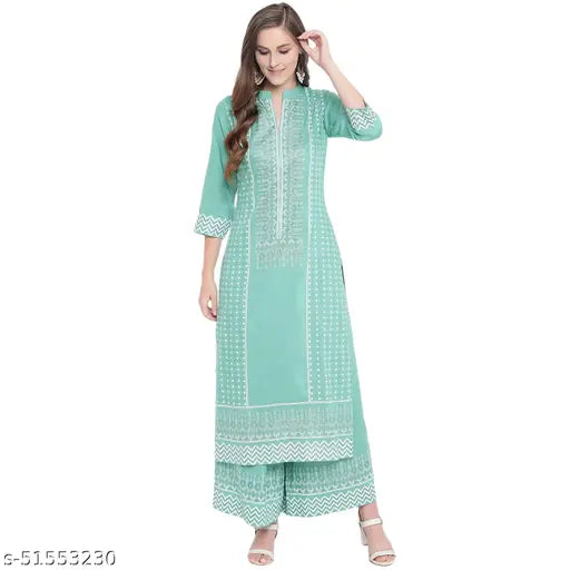 Rayon Charvi Fabulous Women's Kurta Set with Palazzos, printed net, three-quarter sleeves. India-made, stylish and comfortable office wear
