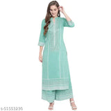 Rayon Charvi Fabulous Women's Kurta Set with Palazzos, printed net, three-quarter sleeves. India-made, stylish and comfortable office wear