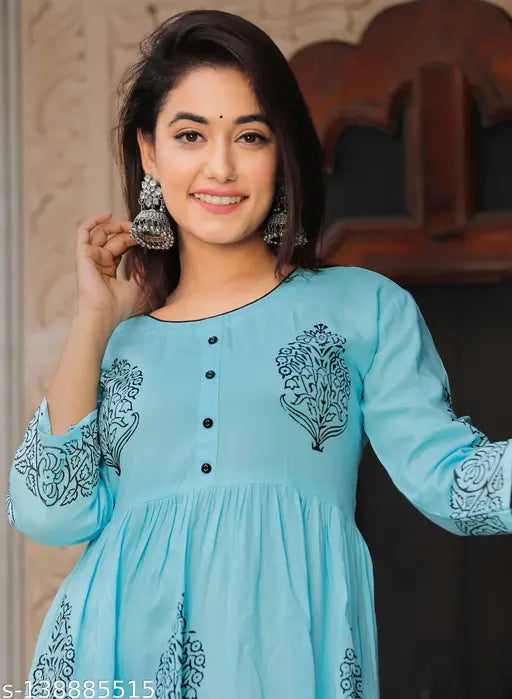 Sky Blue & Black Rayon Anarkali Kurti with embroidered block print - women's fashion, three-quarter sleeves, M, L, XL, XXL sizes