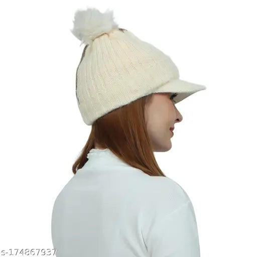 Colorblocked woolen beanie, soft & warm for women/girls, India-made, snow-proof with pompom trim