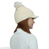 Colorblocked woolen beanie, soft & warm for women/girls, India-made, snow-proof with pompom trim