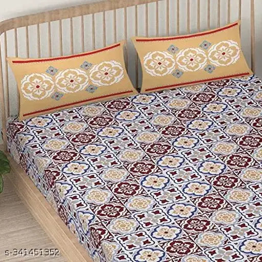 Mosaic printed multicolor 100% cotton flat sheets, ethnic motifs, summer bedding for adults, 2 pillow covers included, size: Double Queen, origin: India