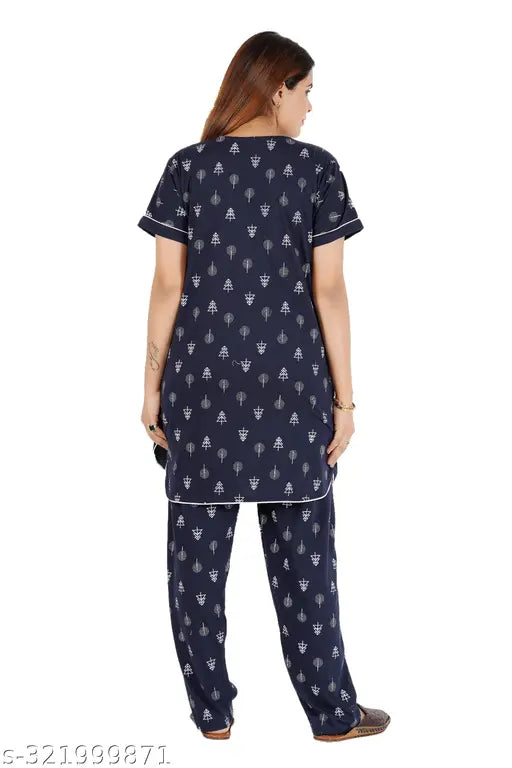 Rayon Cotton printed night suit top and pyjama set with pocket, featuring short sleeves and pocket. Soft, comfortable, and stylish Indian-made RILO nightwear