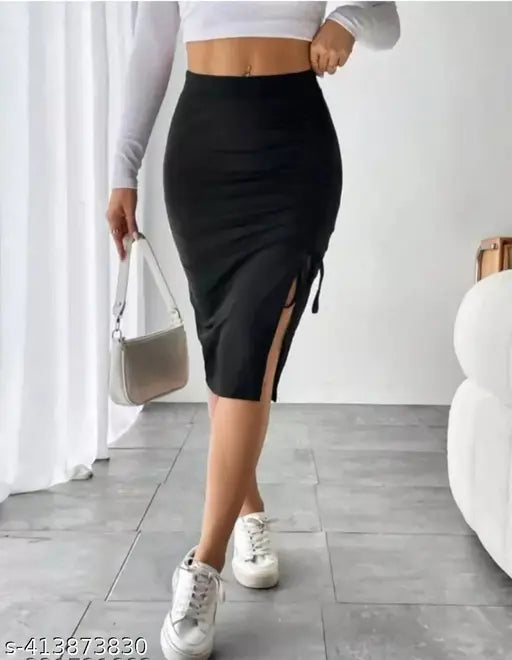Fashionable black polyester pencil skirt for women. Solid design in size 26, 28, or 30