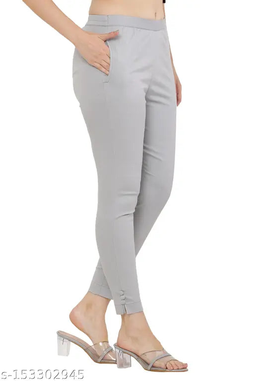 Light Grey Cotton Blend Solid Trouser, Priya Point Women's, half elasticated waistband