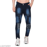 Men's blue slim fit heavy distressed denim jeans, ruffle style - trendy wardrobe essential for casual and evening wear. Versatile and comfortable, perfect for a range of sizes from 26 to 34 inches waist, 28 to 37 inches hip, and 40 to 41 inches length, originating in India
