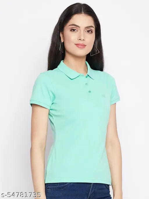 Ice green solid cotton blend women's polo t-shirt with short sleeves, perfect for casual wear