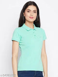 Ice green solid cotton blend women's polo t-shirt with short sleeves, perfect for casual wear
