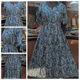 Blue viscose rayon pleated kurti with ethnic motifs embroidery, short sleeves, women's size S-XXXXL