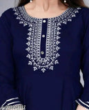 V-neck blue rayon gown, printed three-quarter sleeves, women's dress size S to XXXL, Indian fashion on mannequin