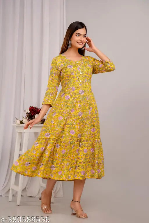 Yellow rayon anarkali gown with printed combo, three-quarter sleeves, S-XXXL