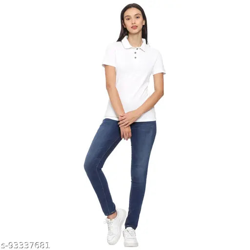 Solid white cotton blend half sleeve Roarers tee for women and girls, versatile casual wear with polo neck and side cut design
