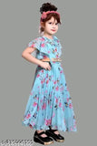 Georgette printed net dress with short sleeves, girls frocks and gown, India origin, comfortable for various seasons (size 3-4yrs - bust 22in, length 30in)