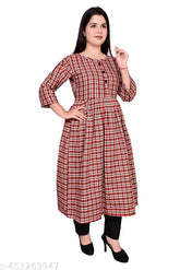 Woolen orange check frock, three-quarter sleeves, stylish long dress for women, India