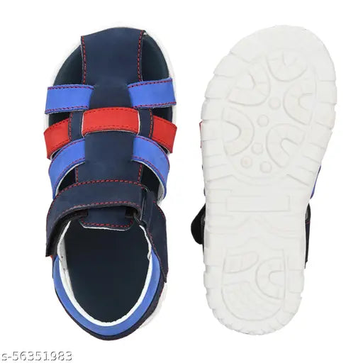 Modern trendy boys leather sandals, TPR sole & velcro fastening, solid net pattern - size: 2-2.5 years