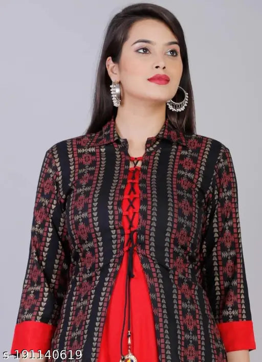 Rayon Anarkali Kurti set, printed combo, three-quarter sleeves, Women's kurti with shrug, Aagam refined cotton rayon, size M to 4XL, Indian craftsmanship