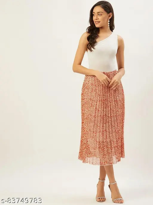 Women's printed chiffon orange and white animal print flared skirt on hanger