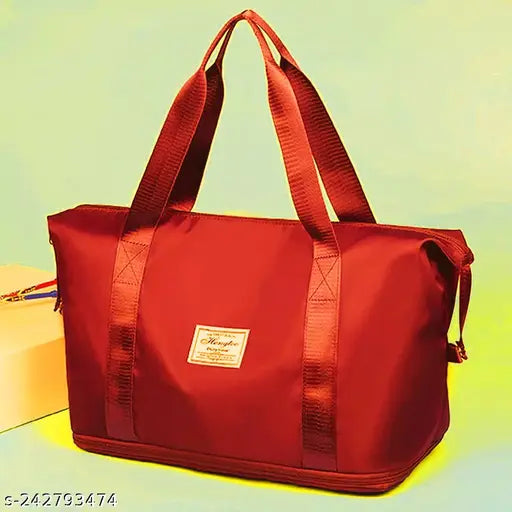 Red foldable travel duffel bag, lightweight waterproof fabric, large capacity for yoga, women, girls