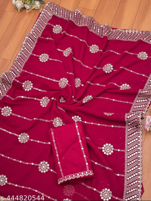 9mm Sequinned Embroidered Zari Work Georgette Saree with Separate Satin Blouse, festive Indian partywear