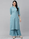 Sky Cotton Kurta Palazzo Set, printed calf-length, straight fit in Mandarin collar, regular sleeves. Indian-origin women's fashion wear featuring soft color designs, comfortable and breathable