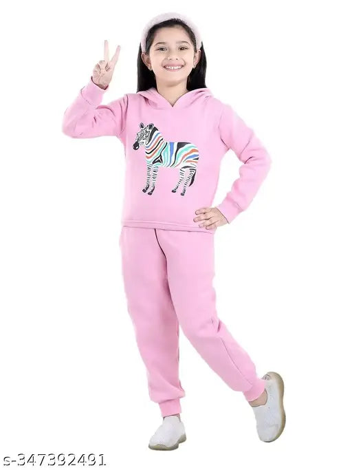 Cotton blend kids sweatshirt/hoodie with pyjama set, embroidery print, baby pink - 2-3yrs to 7-8yrs Indian origin