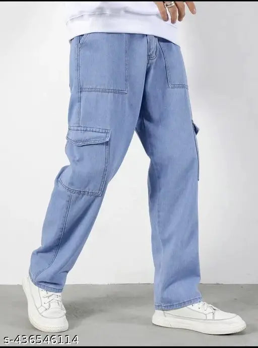 Light Blue Oversized Cotton Cargo Pants for Men, size 28 (Waist 29in, Length 39in, Hip 35in), made in India