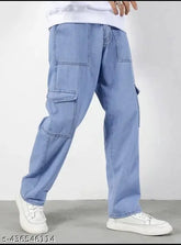 Light Blue Oversized Cotton Cargo Pants for Men, size 28 (Waist 29in, Length 39in, Hip 35in), made in India