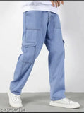 Light Blue Oversized Cotton Cargo Pants for Men, size 28 (Waist 29in, Length 39in, Hip 35in), made in India