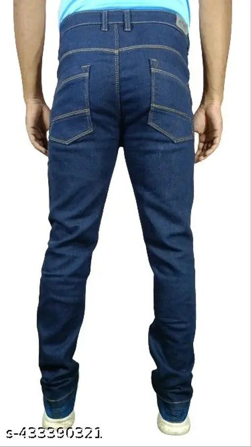 Dark blue stretchable denim jeans for men, solid pattern, Made in India