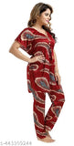 Maroon women's all-over cross print satin kaftan night suit, luxury satin pyjama set