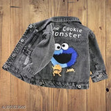 Black denim jacket for kids, long sleeves, printed pattern, size 7-8 years