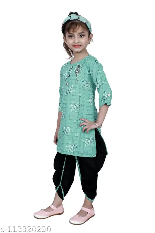 Rama green designer checked Patiala suit for girls, Hariyal Creation kids party wear. Cotton silk anarkali style with knee length top and printed pattern, size 3-4 years