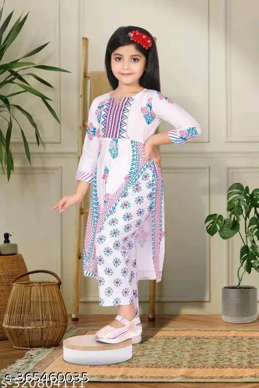 Rayon kurta set with poly chiffon dupatta for girls, printed three-quarter sleeve, 0-12 years, Indian kidswear fashion