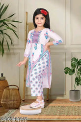 Rayon kurta set with poly chiffon dupatta for girls, printed in 3/4 sleeves - Nyraset For Girls, affordable kidswear collection from India