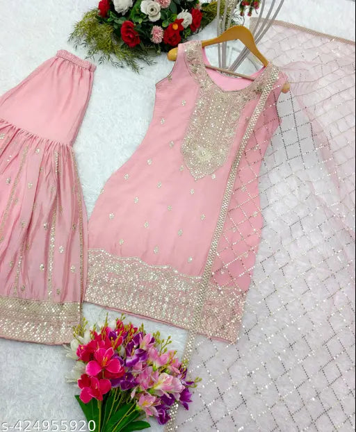 Heavy chinon silk top-sarara set, embroidered net, ready-to-wear Indian bridal outfit on mannequin