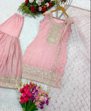 Heavy chinon silk top-sarara set, embroidered net, ready-to-wear Indian bridal outfit on mannequin