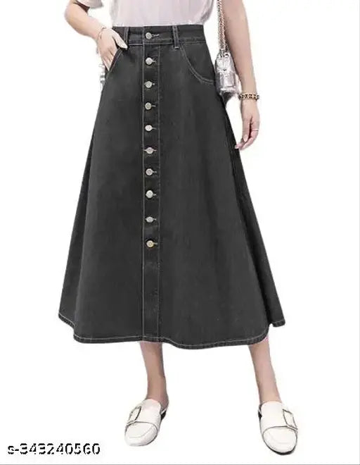 Washed black denim A-line maxi skirt, durable, breathable, lightweight, versatile for all seasons and body types