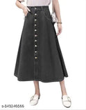 Washed black denim A-line maxi skirt, durable, breathable, lightweight, versatile for all seasons and body types