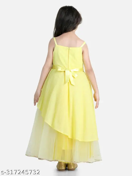 Yellow net toy balloon print girls party wear gown dress, sleeveless and full-length for ages 2-3 years or 3-4 years