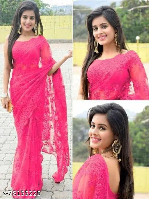 Free size Indian net saree with heavy embroidery, attractive work and solid satin blouse - Aagyeyi Graceful Sarees